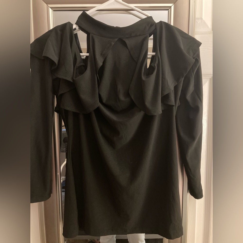 Beautiful black long sleeve halter open shoulder top with button key hole back.